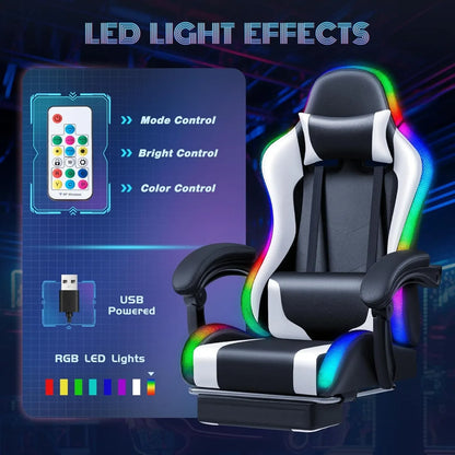 Chair with RGB LED Lights, Massage Lumbar Support & Footrest, Reclining High Back Computer Gamer Chair (White)