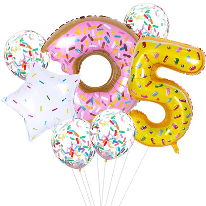 7pcs Donut Number Foil Balloons Set 1st 2nd Girls Birthday Party Decorations Candy Confetti Balloon Baby Shower Wedding Globos