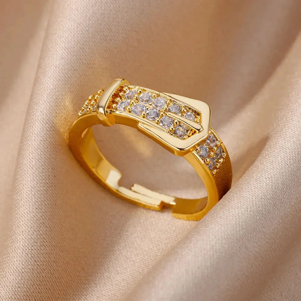 Gold Plated Stainless Steel Crystal Rings For Women Chain Geometry Zircon Finger Ring Jewelry Gift anillos mujer 2025 New Trendy