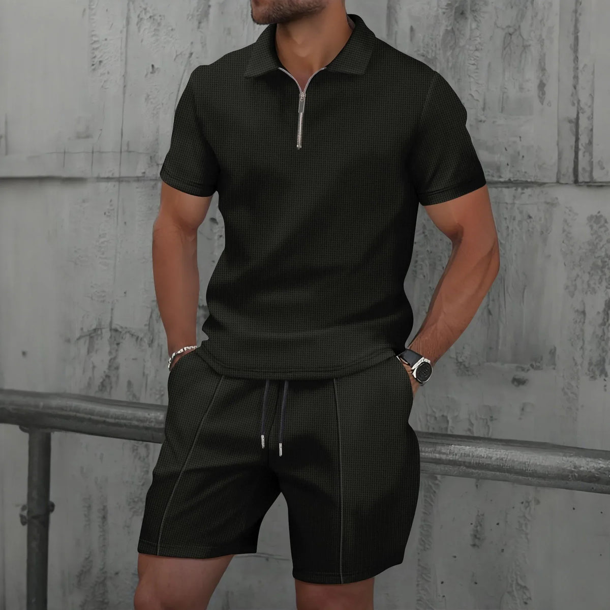 Men's Summer Waffle Short-Sleeve Suit Shorts Zip-Up Lapel Solid Color Two Sets Europe And US Style 2026