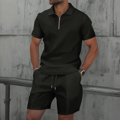 Men's Summer Waffle Short-Sleeve Suit Shorts Zip-Up Lapel Solid Color Two Sets Europe And US Style 2026