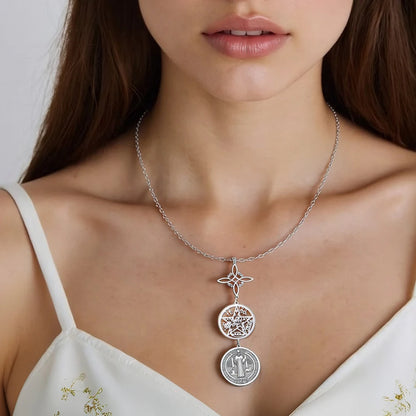 Triple Protection Necklace With Witch Knot Pentagram Tetragrammaton St. Benedict Stainless Steel Spiritual Symbol Amulet Jewerly