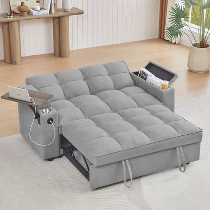 hansones 65'' 3-in-1 Folding Convertible Sofa Bed, Pullout Sofa, Modern Chenille Fabric, 360° Swivel Side Table, Easy Assembly,