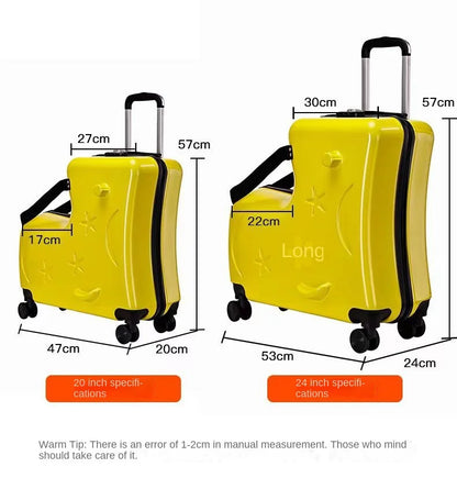 New Suitcase for Kids Wooden Horse Sit to Ride on Luggage with 360° Swivel Wheel 20/24 inch Small Travel Suitcase Boardable