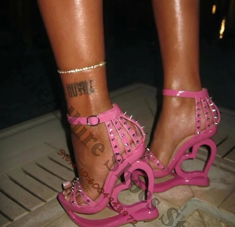Hot Pink Spike Stud Caged Heart Cutout Wedge Sandals Gloss Patent Ankle Buckle Hollow Sculptural Platform Heels Y2K Trend Sandal