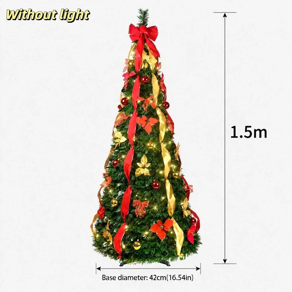 Pre-Decorated Pop-Up Christmas Tree Warm White Lights Gold Ornaments Folding Christmas Tree Easy Assembly Space-Saving