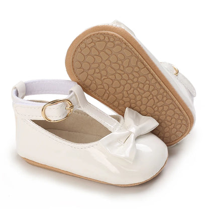 Solid Color PU Leather Bowknot Princess Shoes, Baby Learning Walk Shoes Prewalkers for Newborn  Girls 0-18M