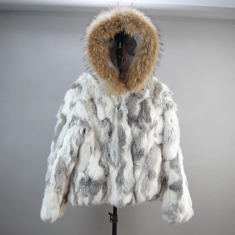 New Russian Women Real Rabbit Fur Coats Winter Warm 100% Natural Rabbit Fur Jacket Lady Warm With Raccoon Fur Hooded Outerwear