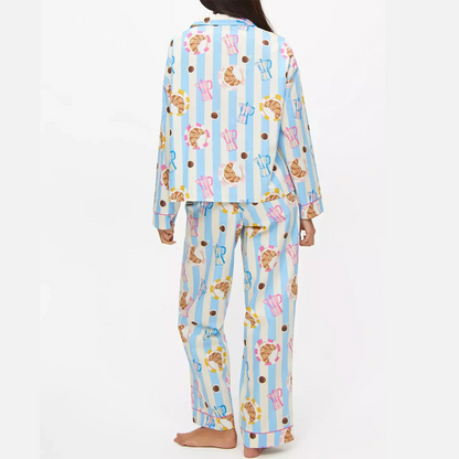 Hirigin Women's 2 Piece Lounge Set Fashion Long Sleeve Pattern Print Shirt Wide Leg Pants Sleepwear Sets for Winter Fall