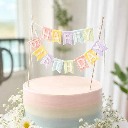 Happy Birthday Cake Topper Banner, Pastel Felt Cake Decoration for Birthday Party Dessert Table Celebration Supplies