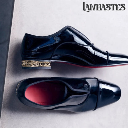 Gold Geometric Heel Patent Leather Mens Loafers Polished Glossy Upper Red Lining Formal Dress Shoes Embossed Gold Heel Loafers