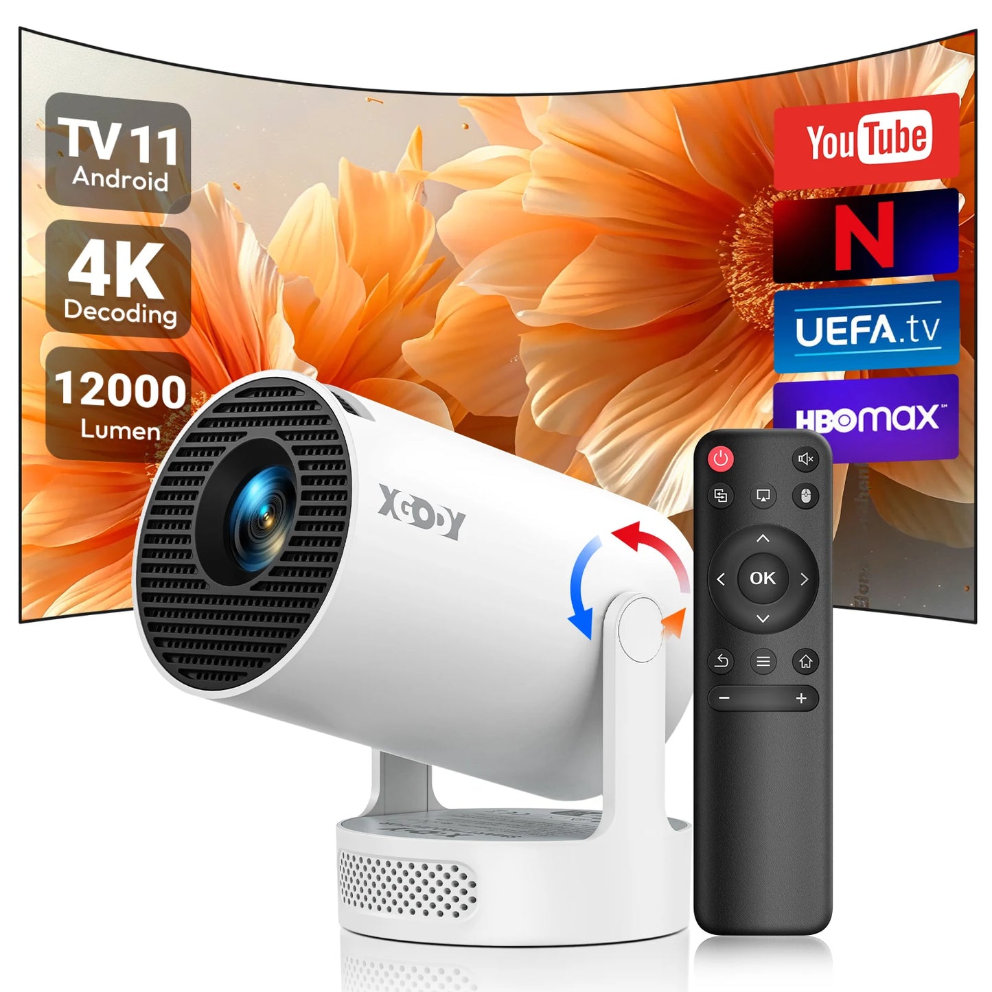 XGODY Mini 4K Projector, 720P Native 300 ANSI, Android 11 Short Throw Smart Projector  WiFi 6 BT5.4, 180° Stand, Auto Keystone for Home Theater Bedroom Gift