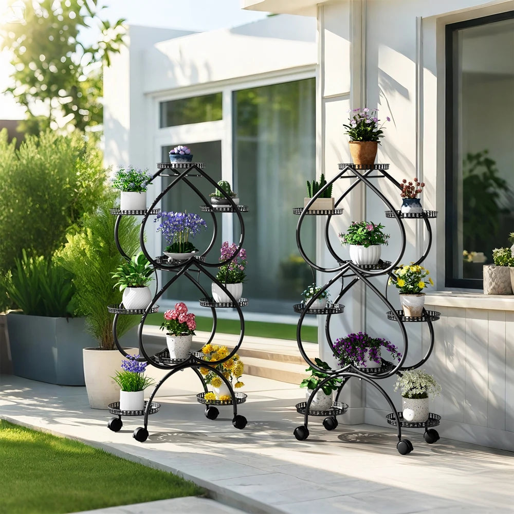 Iron Metal Plant Stand 9-Potted Rolling Flower Display Rack Holder with Wheels Indoor Outdoor