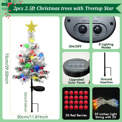 OurWarm 2 pcs Solar Christmas Tree Outdoor Christmas Decor, 29In Flocked Christmas Tree , Mini Small Christmas Tree with 40LED