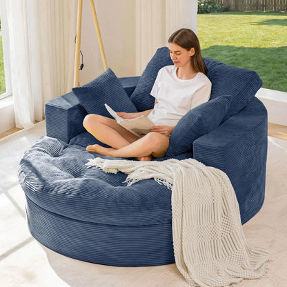 Oversized Round Chaise Lounge Sofa, Boneless Chair with Ottoman | Beige Upholstered Reading Chair Has a Deep Seat and 3, Custom