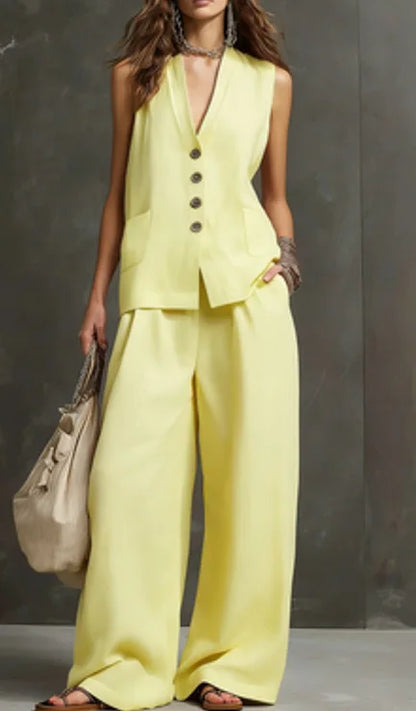 Outfits For Women 2 Piece Set Single-breasted Vest Pocket Solid Color Top Women Pocket Wide-leg Trousers Women's New Summer Suit