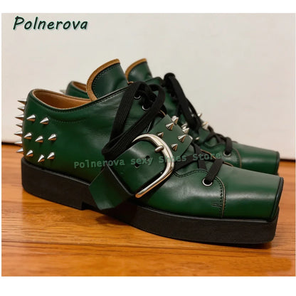 Black Rivet Belt Buckle Pumps 2026 Spring Summer New Arrivals Square Toe Thick Sole Lace Up Couple Pu Leather Shoes Casual Trend