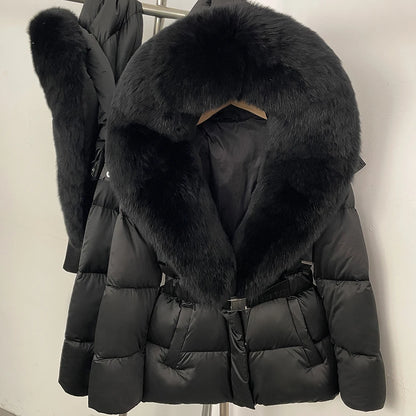 OFTBUY New Fashion Winter Clothes Women Duck Down Coat with Big Natural Fur Collar Belt Hooded Real Fox Fur Puffer Jacket Female