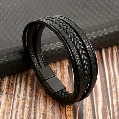 Multi Layer Braided Rope Bracelets for Men,Classic Handmade PU Leather Wristband with Magnetic Buckle,Trendy Punk Jewelry Gift