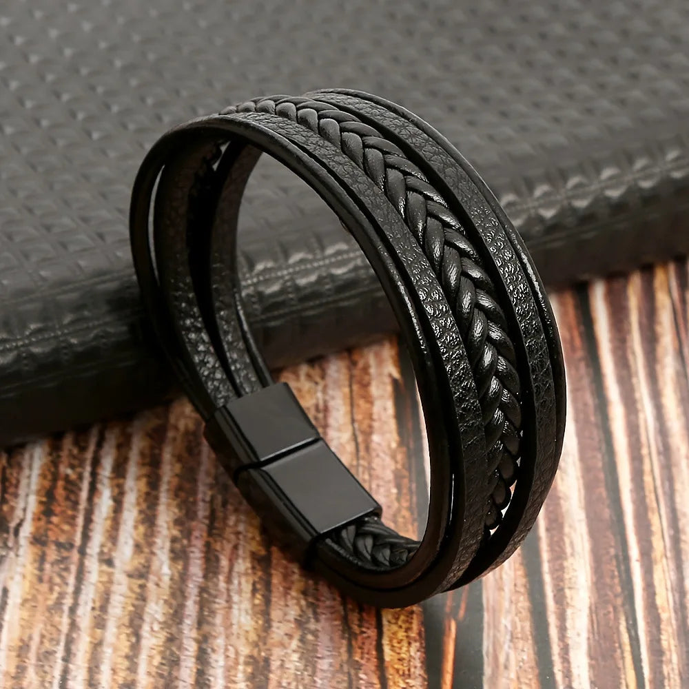 Multi Layer Braided Rope Bracelets for Men,Classic Handmade PU Leather Wristband with Magnetic Buckle,Trendy Punk Jewelry Gift
