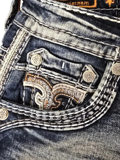 Rock Retro Boot Jeans Blue Leather Inserts Men Women Pocket Embroidery Denim Pants Y2k Gothic Low Waist Wide Leg Straight Jeans