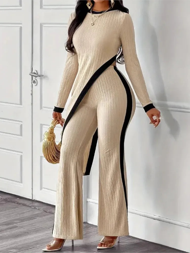 2025 Spring New Casual Trousers Set Woman Irregular Tops Wide Leg Elastic Waist Elegant Fashion Urban Female Office Commute Sets