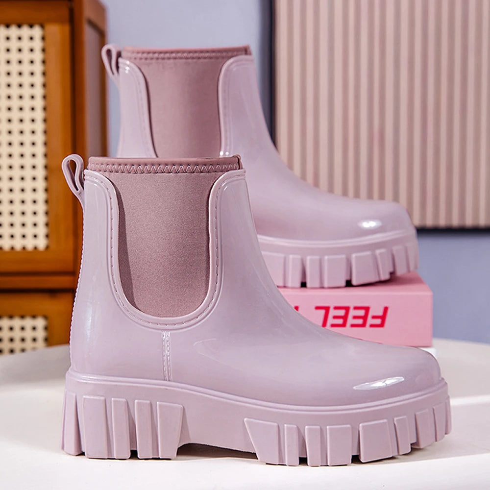 PVC Fashion Rain Boots Shoes For Women Solid Anti-slip Wear-resistant Thick Soled Shoes Low Cut High Top Round Toe Waterproof Water Shoes
