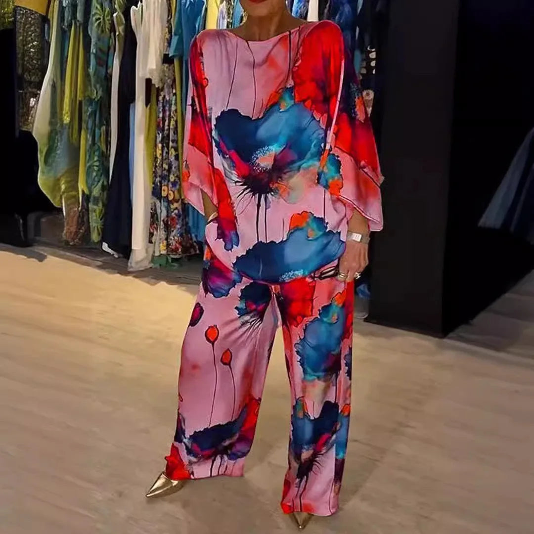 Casual Sets for Women 2 pieces Summer Fashion Printed Satin Two Piece Sets Women Sexy Round Neck Top+Wide Leg Long Pants Outfits