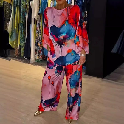 Casual Sets for Women 2 pieces Summer Fashion Printed Satin Two Piece Sets Women Sexy Round Neck Top+Wide Leg Long Pants Outfits