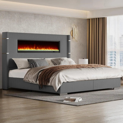 60.4“ King Size Upholstered Bed Frame with Fireplace, Grey | Modern Bed Frame with Extra Tall Headboard, Wingback, Customized