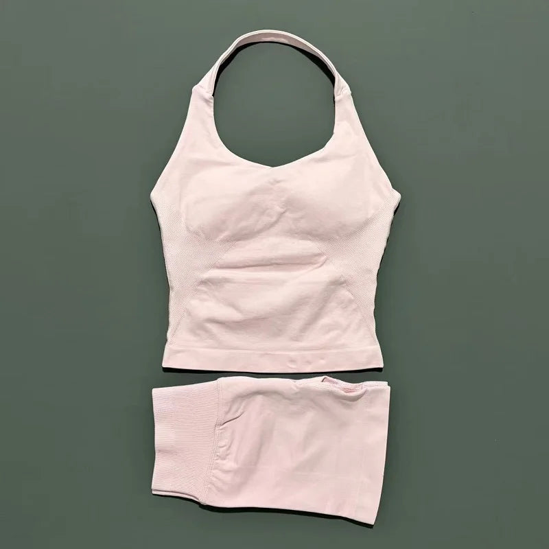2 Pieces Shorts Yoga Set Women Backless Halter Tops High Waist Seamless Shorts Gym Suit Fitness Sportswear Workout Sets