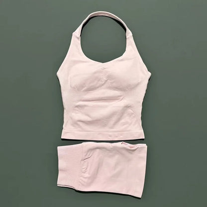 2 Pieces Shorts Yoga Set Women Backless Halter Tops High Waist Seamless Shorts Gym Suit Fitness Sportswear Workout Sets