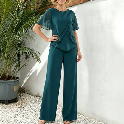 Women's Casual Pants Set Chiffon Breathable Solid Color Round Neck Short Sleeve Loose Irregular Top + Wide-leg Pants 2-piece Set