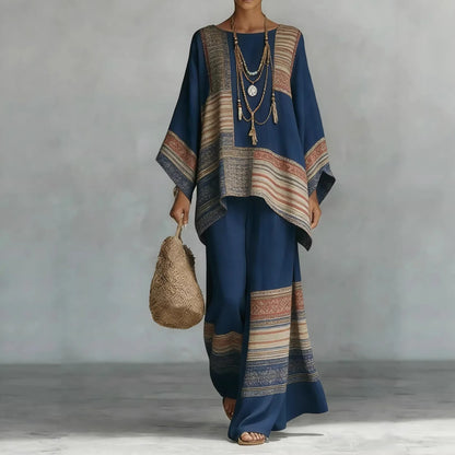 Boho Two Piece Set Summer Women's Loose Patchwork Wide Leg Pants Set Fashion O Neck Pullover Top 2-piece Set Outfit Streetwear