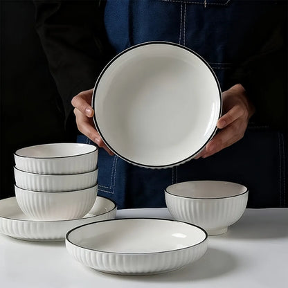 12-piece set Yamada Japanese Style Ceramic Dinnerware Set White & Black Underglaze Traditional Design Porcelain Bowls And Plates