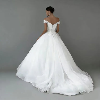 Customized White Princess Off The Shoulder Lace Appliques Wedding Dresses Sweep Train Bridal Gowns A-Line Tulle Bride Dress