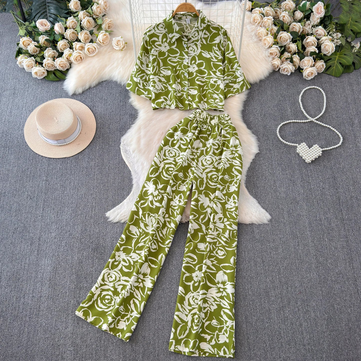 Beach Style Fashion Printed Women Pant Sets 2pcs Short Chiffon Shirts+Wide Leg Pants 2025 New Summer Casual Loose Female Suits