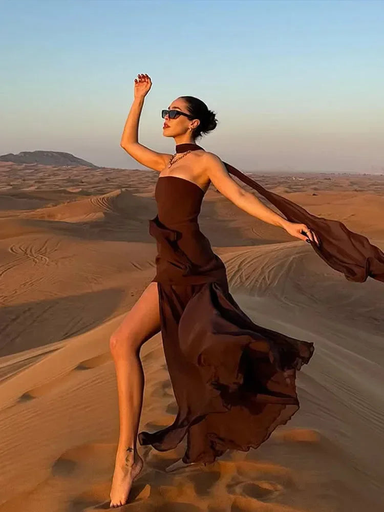 Solid Spliced Ribbon Maxi Dress Women Elegant Strapless Sleeveless Slit Long Dresses 2025 New Summer Holiday Party Lady Vestidos