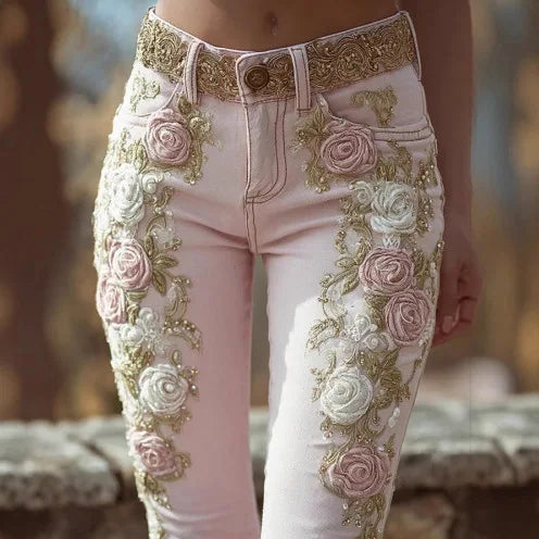 Spring Autumn New Women's High Waist Rose Embroidery Beaded Denim Pants Versatile Comfortable Casual Trendy Commuting Daily Wear