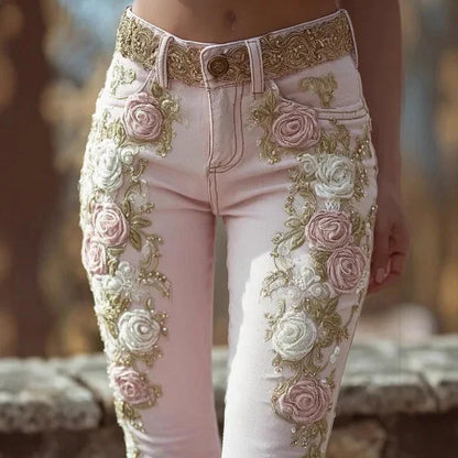 Spring Autumn New Women's High Waist Rose Embroidery Beaded Denim Pants Versatile Comfortable Casual Trendy Commuting Daily Wear