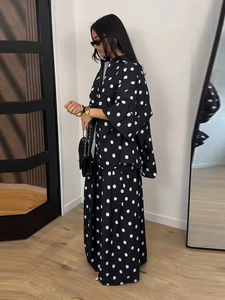 2026 Autumn Summer Polka Dot Shirt Pants Women Set Elegant Lapel Three Quarter Top Wide Leg Trousers Vacation Lady Outfit Suits
