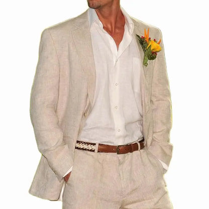 Beige Linen Men Suits 2 Pieces Beach Wedding American Style Jacket with Pants Formal Groom Tuxedos Male Suits (Blazer+Pants)