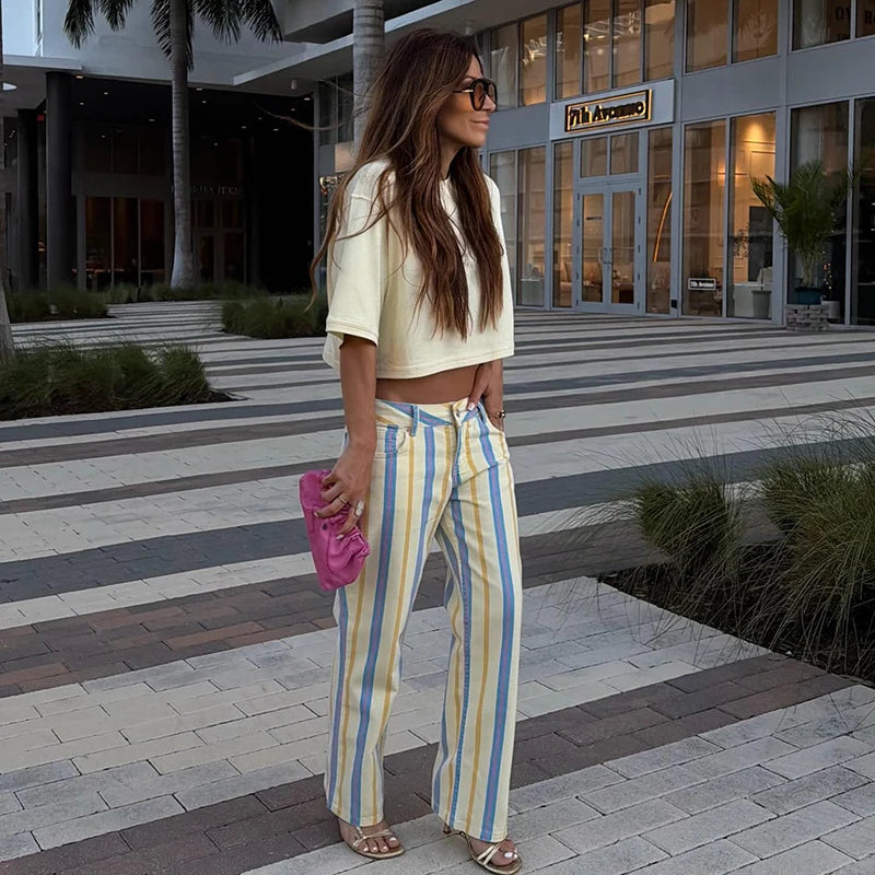 Rainbow Colorful Striped Pants Low-rise Braided Twist Denim Straight Lady Wide Leg Trousers 2026 Spring Summer Chic Casual Jeans