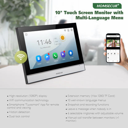 Tuya Smart APP WIFI HD 10” Video Doorphone Entry Intercom System 4 Wire IP65 1080P Doorbell Camera Recording Snapshot