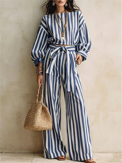 Women New Striped Long-sleeved Shirts Trousers 2piece Set Fashion Casual Ultra-short Top Waisted Lace-up Loose Wide-leg Long Set