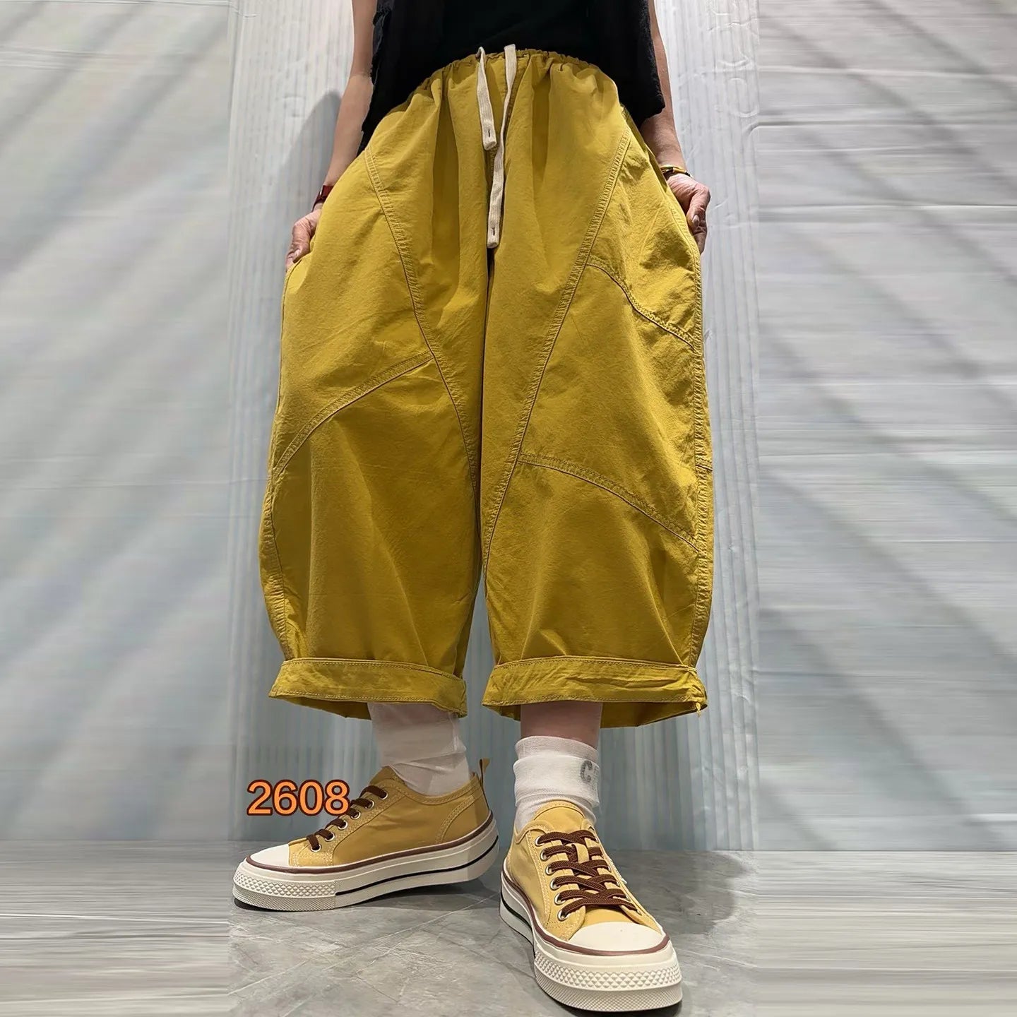 Patchwork Denim Washed Cotton Casual Pants Women Plus Size Loose Cropped Pants 2026 Spring Summer Denim Jeans JLJ522