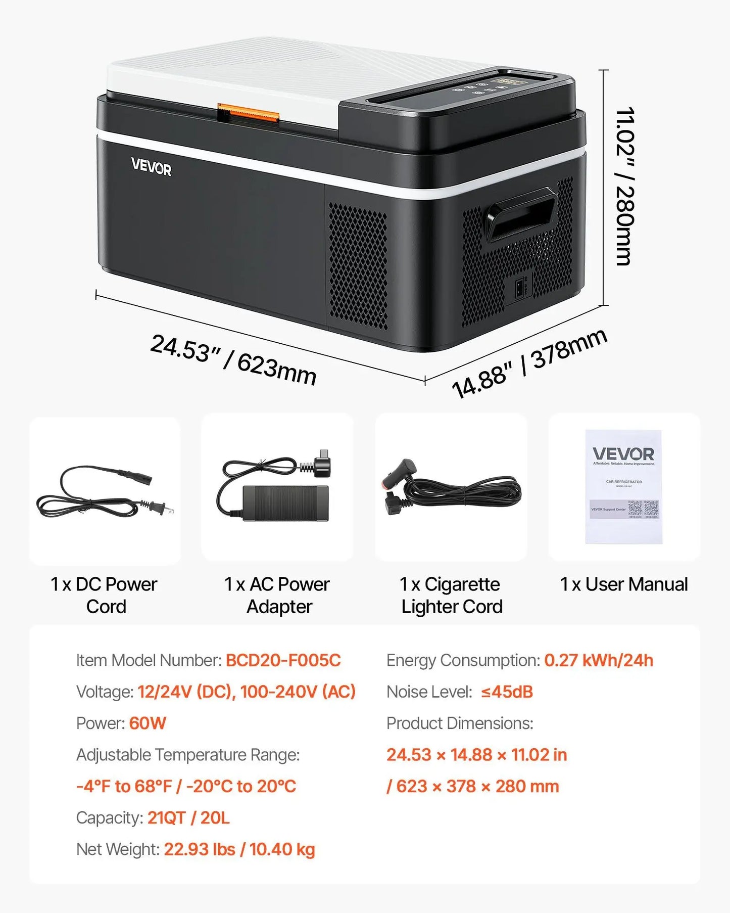 Car Refrigerator, DC 12/24V AC100-240V Compressor Electric Cooler, -4°F to 68°F Car Fridge with APP Control, 21 QT Cars Freezer for RVs, Campsites, Boats, Camping, Fishing, 60W Portable Freezer