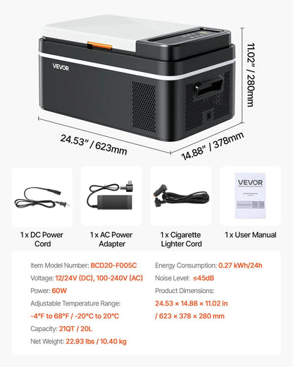 Car Refrigerator, DC 12/24V AC100-240V Compressor Electric Cooler, -4°F to 68°F Car Fridge with APP Control, 21 QT Cars Freezer for RVs, Campsites, Boats, Camping, Fishing, 60W Portable Freezer