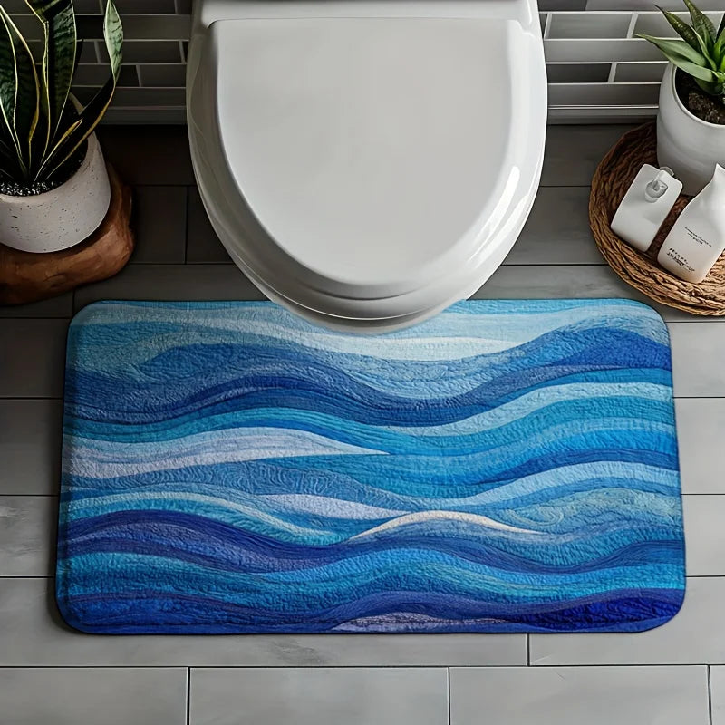 Rich Blue Wavy Pattern Bath Mat, Machine Washable Non-Slip Rug, Ideal for Bathroom Kitchen Entryway, Perfect Housewarming Gift
