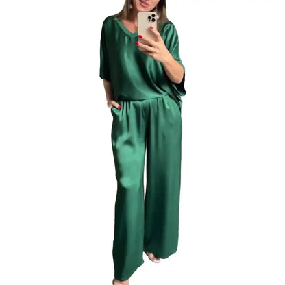 Summer Short-sleeved T-shirt Two-piece Set For Women V-neck Top Pullover Wide-leg Pants Suit For Women Spring Loose Satin Suit